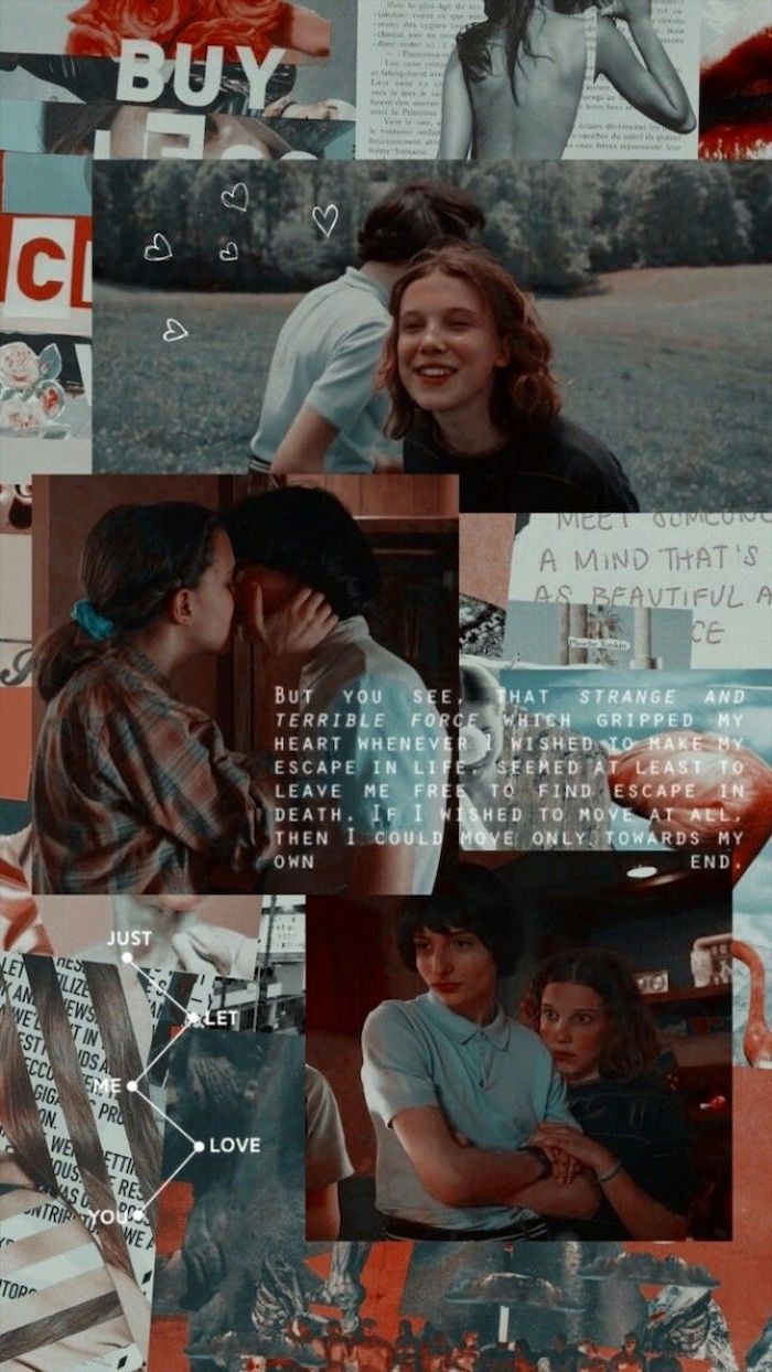 photo collage of romantic moments between mike and eleven, aesthetic stranger things wallpaper, romantic quote