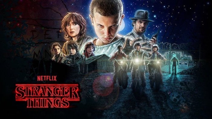 stranger things wallpaper iphone x, season 1 poster, all the characters in the middle, title logo written in red neon