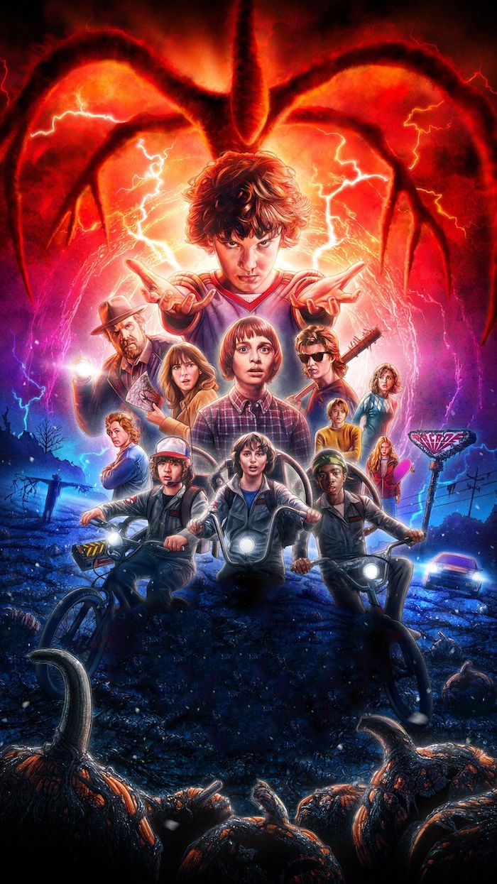 season 2 poster, the characters in the middle, mind flayer above them, aesthetic stranger things wallpaper