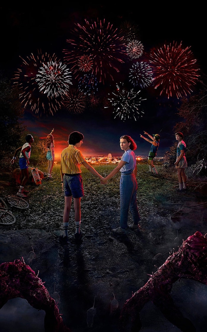 mike and eleven holding hands, aesthetic stranger things wallpaper, dustin lucas max and will watching the fireworks