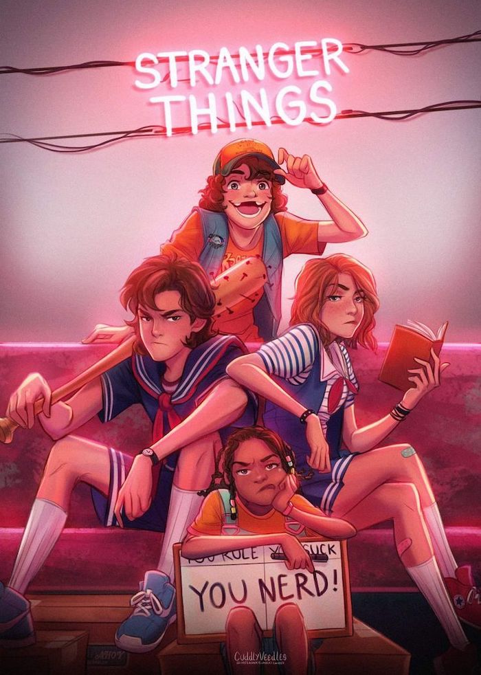 cartoon image of the scoops troop, dustin erica steve and robin, stranger things phone wallpaper, title logo neon sign