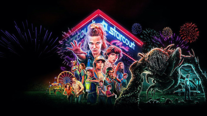 cartoon image of all the characters, stranger things wallpaper iphone, starcourt mall in the background